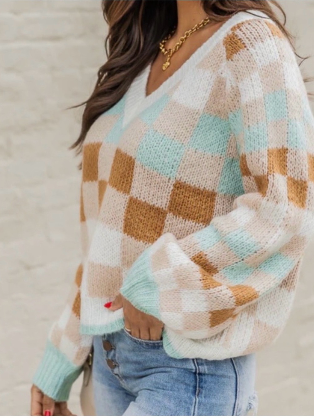 Pink Lily Multi Color Checker V-Neck Knit Oversized Sweater Size Medium